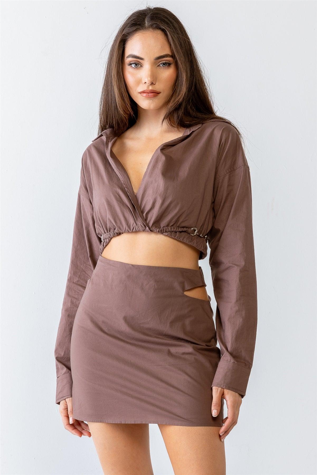 Brown Cotton Collared Wrap Neck Elasticized Crop Top & High Waist Cut-Out Mini Skirt Set /1-2-2-1