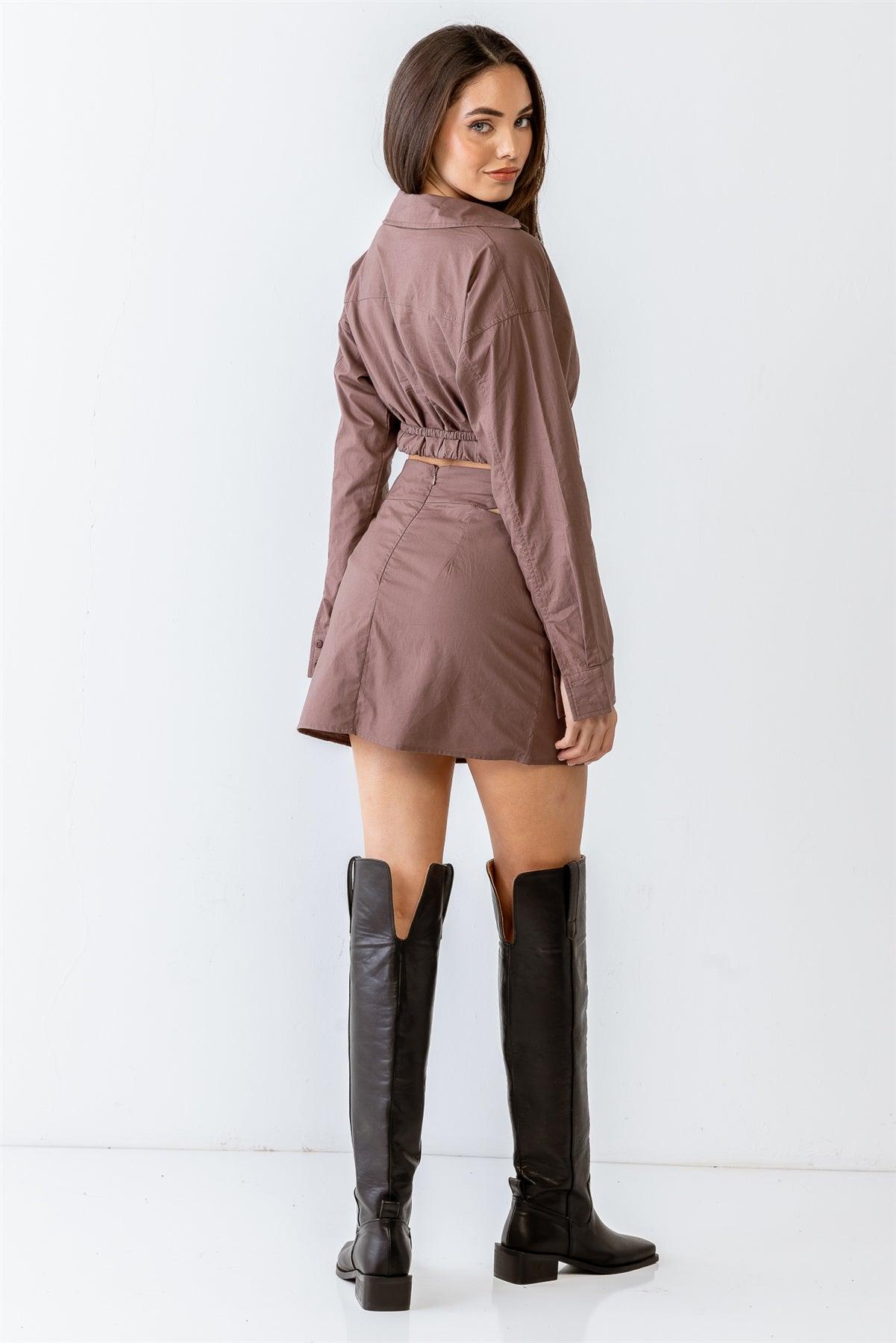 Brown Cotton Collared Wrap Neck Elasticized Crop Top & High Waist Cut-Out Mini Skirt Set /1-2-2-1