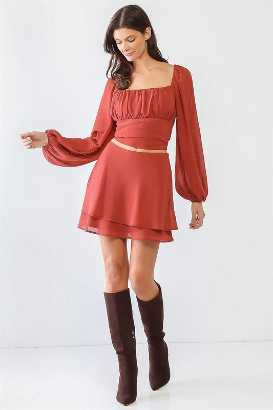 Marsala Around Self-Tie Puff Balloon Long Sleeve Crop Top & Layer Flare Hem Mini Skirt Set /1-2-2-1 - Tasha Apparel Wholesale