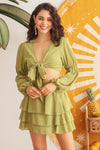 Moss Green Chiffon Long Sleeve Tie Front Crop Top & High Waist Layered Mini Skirt Set /1-2-2-1