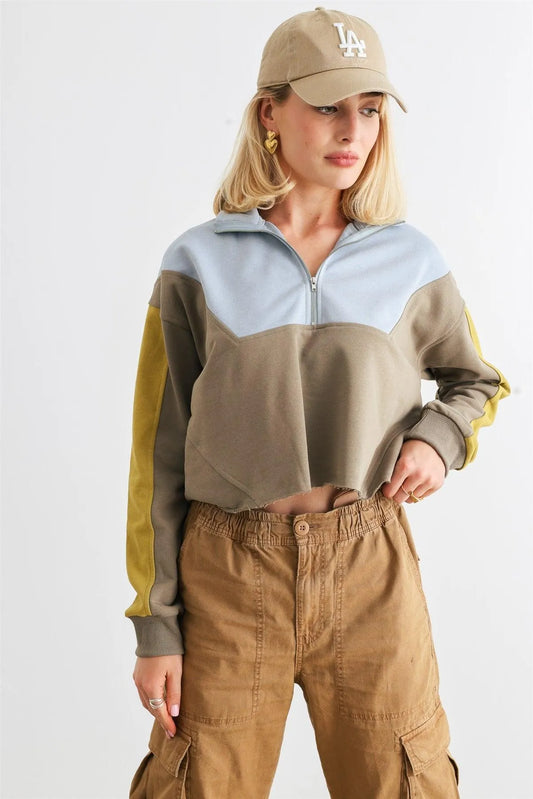 Dusty Olive & Blue Zip-Up Mock Neck Long Sleeve Crop Top /1-2-2 - Tasha Apparel Wholesale
