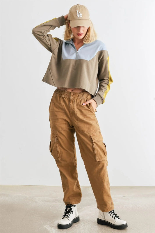 Dusty Olive & Blue Zip-Up Mock Neck Long Sleeve Crop Top /1-2-2-1 - Tasha Apparel Wholesale