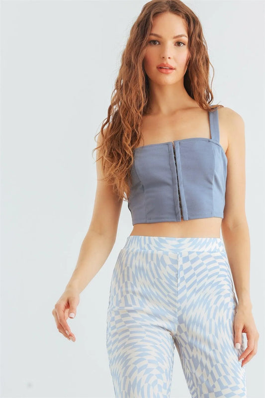 Dusty Blue Sleeveless Eye Hook Corset Crop Top - Tasha Apparel Wholesale