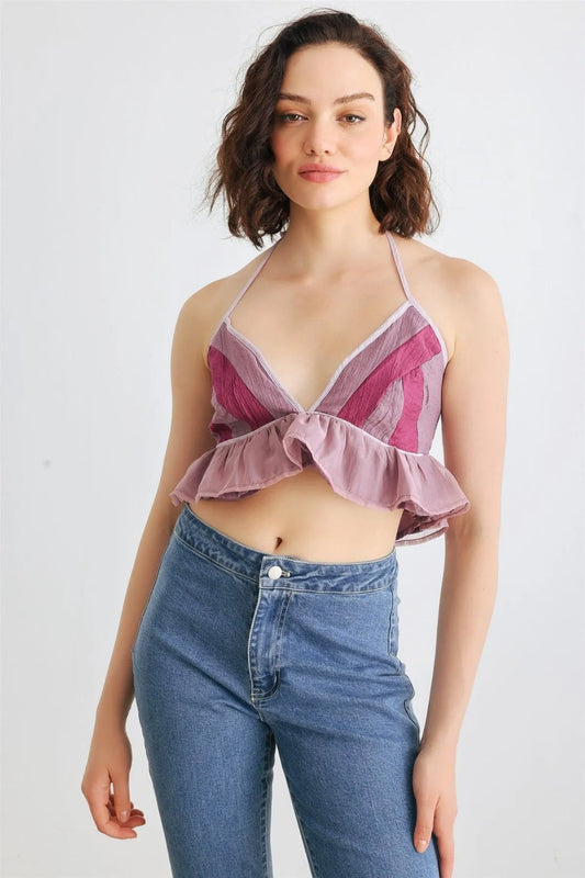 Lavender Multi Sleeveless V-Neck Ruffle Hem Crop Top /1-2-2-1 - Tasha Apparel Wholesale