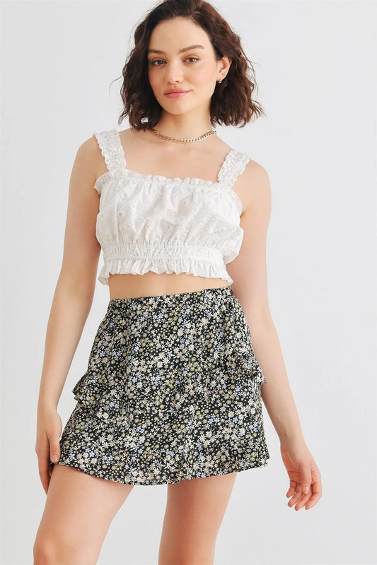 White Floral Embroidery Cotton Ruffle Sleeveless Crop Top /1-3-2-1 - Tasha Apparel Wholesale