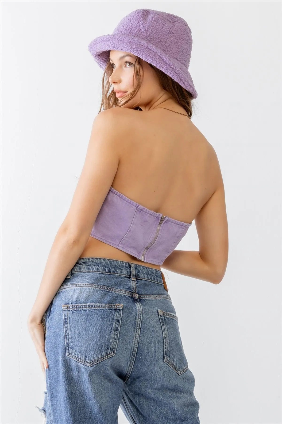 Lavender Denim Cotton Lace Down Corset Crop Top /1-2-2-1 - Tasha Apparel Wholesale