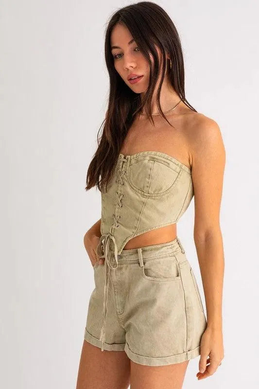 Sage Denim Cotton Strapless Lace-Up Corset Crop Top & High Waist Shorts Set /1-2-2-1 - Tasha Apparel Wholesale