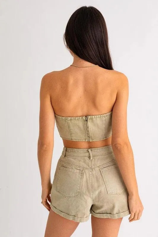 Sage Denim Cotton Strapless Lace-Up Corset Crop Top & High Waist Shorts Set /1-2-2-1 - Tasha Apparel Wholesale