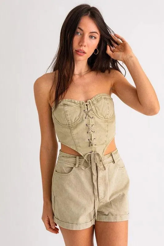 Sage Denim Cotton Strapless Lace-Up Corset Crop Top & High Waist Shorts Set /1-2-2-1 - Tasha Apparel Wholesale