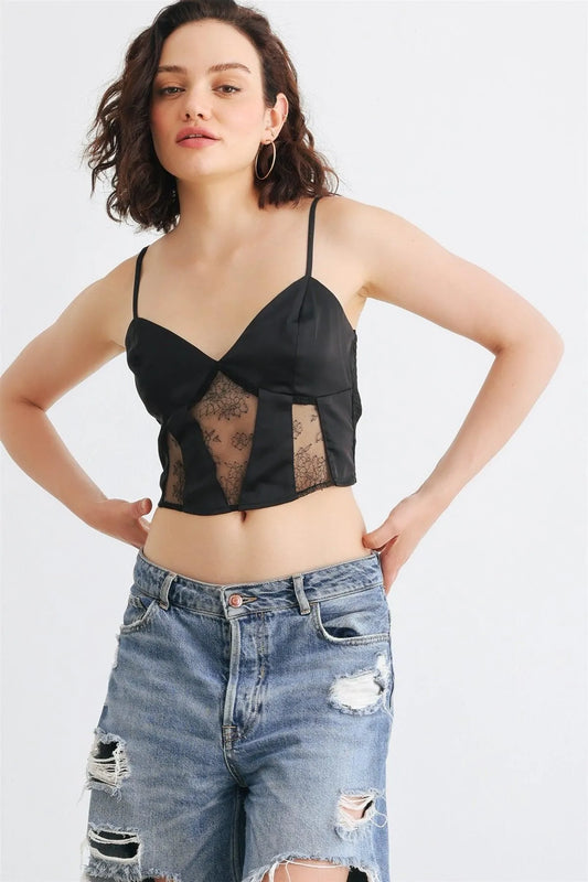 Black Satin Lace Sleeveless V-Neck Smocked Back Crop Top /1-3-2-1 - Tasha Apparel Wholesale