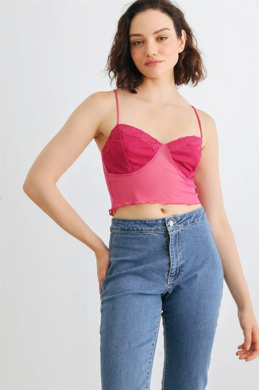 Fuchsia Mesh Lace Strappy Lettuce Hem Crop Top - Tasha Apparel Wholesale