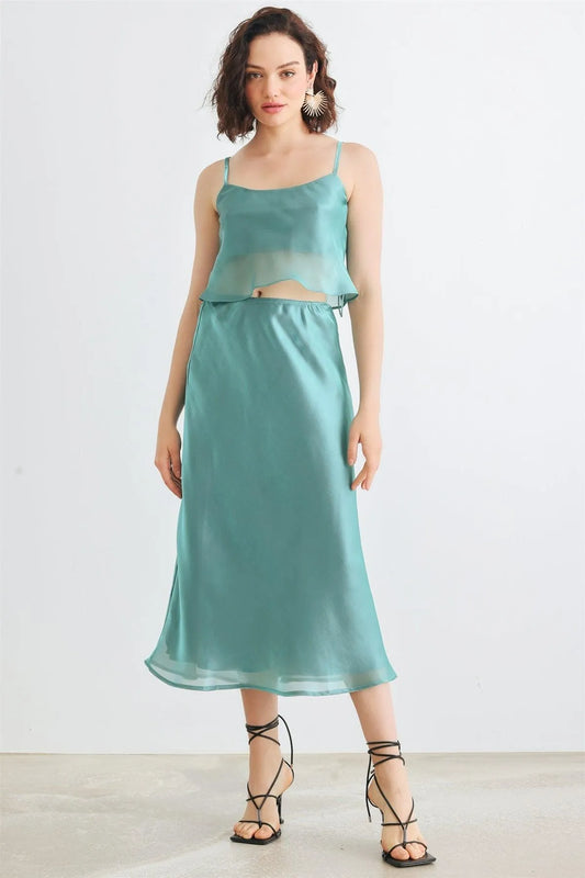 Green Satin Sleeveless Crop Top & High Waist Midi Skirt Set - Tasha Apparel Wholesale