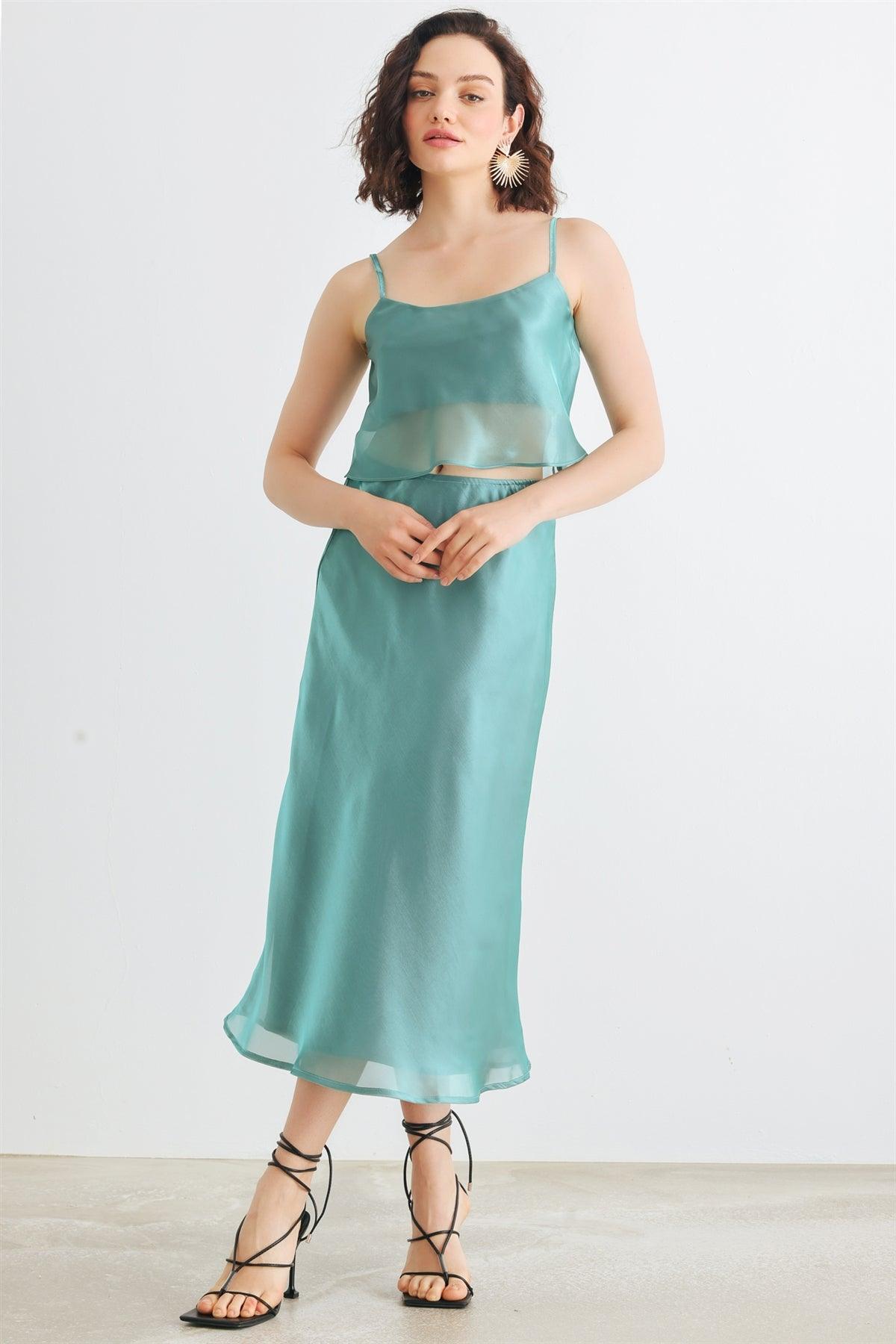 Green Satin Sleeveless Crop Top & High Waist Midi Skirt Set /1-2-2-1