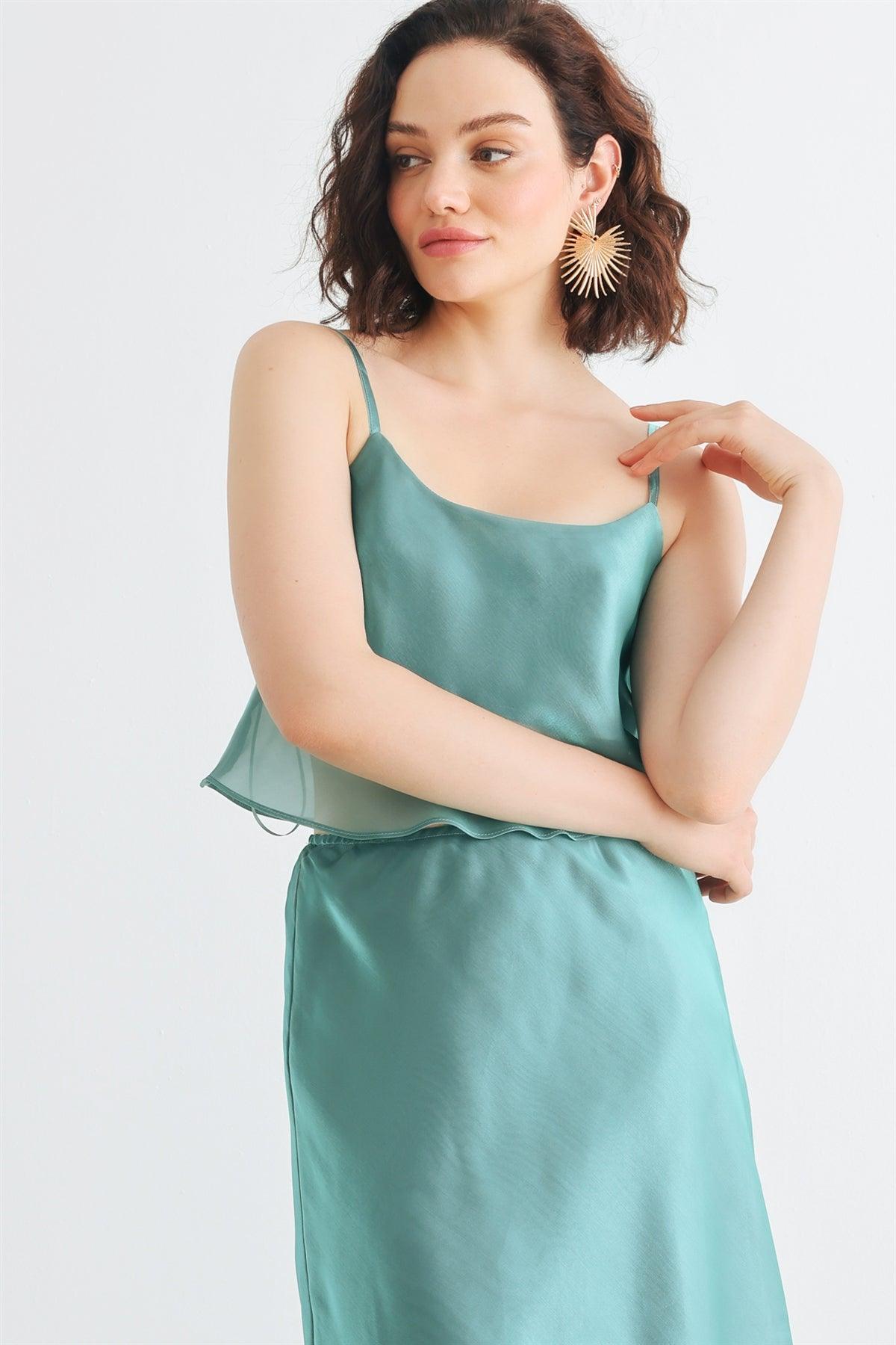 Green Satin Sleeveless Crop Top & High Waist Midi Skirt Set /1-2-2-1