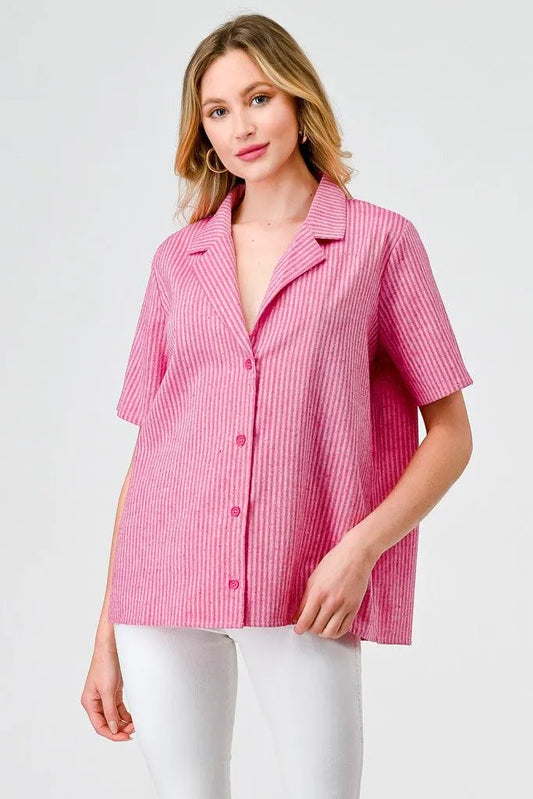 Fuchsia Striped Linen Collared Neck Button-Up Blazer Top /1-2-2-1 - Tasha Apparel Wholesale