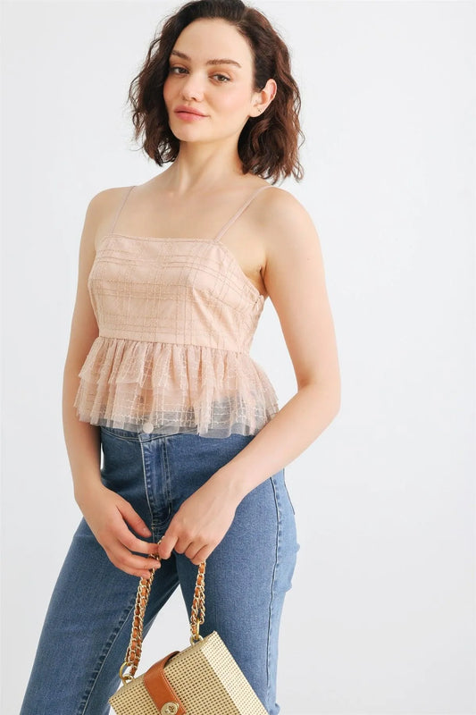Nude Mesh Sequin Sleeveless Tiered Ruffle Hem Crop Top /1-2-2-1 - Tasha Apparel Wholesale