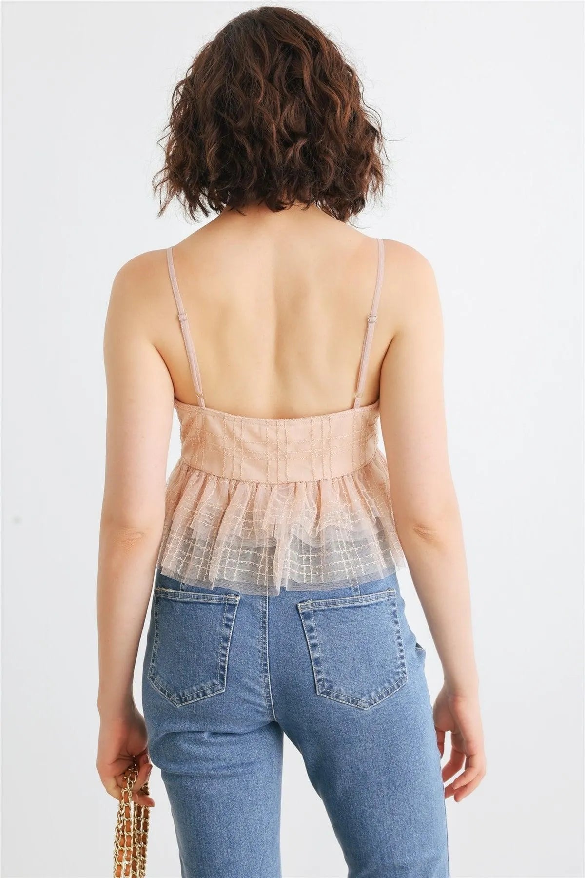 Nude Mesh Sequin Sleeveless Tiered Ruffle Hem Crop Top /1-2-2-1 - Tasha Apparel Wholesale