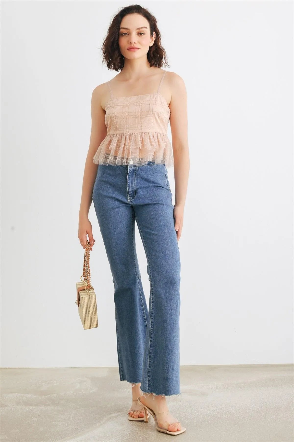 Nude Mesh Sequin Sleeveless Tiered Ruffle Hem Crop Top /1-2-2-1 - Tasha Apparel Wholesale