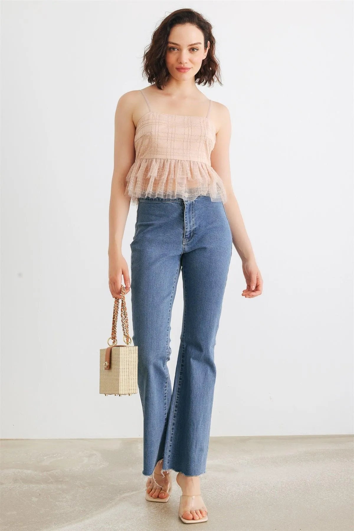 Nude Mesh Sequin Sleeveless Tiered Ruffle Hem Crop Top /1-2-2-1 - Tasha Apparel Wholesale