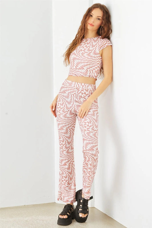 Abstract Mesh Short Sleeve Crop Top & High Waist Pants Set - Tasha Apparel Wholesale