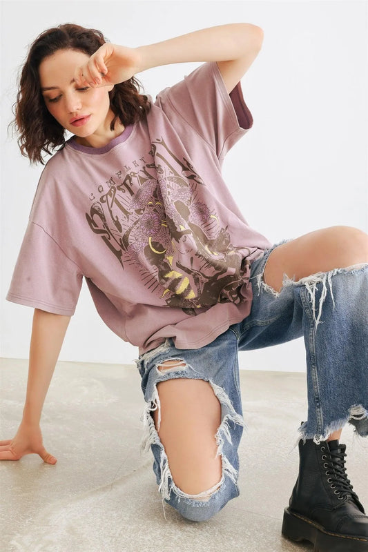 Purple Print Short Sleeve Crew Neck Relaxed T-Shirt /1-2-2-1 - Tasha Apparel Wholesale
