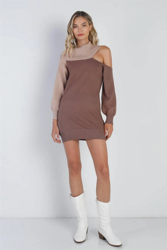 Mocha Beige Knit Turtle Neck Long Sleeve Mini Dress /3-2-1 - Tasha Apparel Wholesale