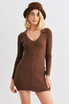 Brown Ribbed Long Sleeve Button-Up Mini Dress /1-2-2-1