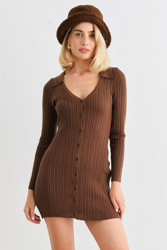 Brown Ribbed Collared Neck Long Sleeve Button-Up Mini Dress - Tasha Apparel Wholesale