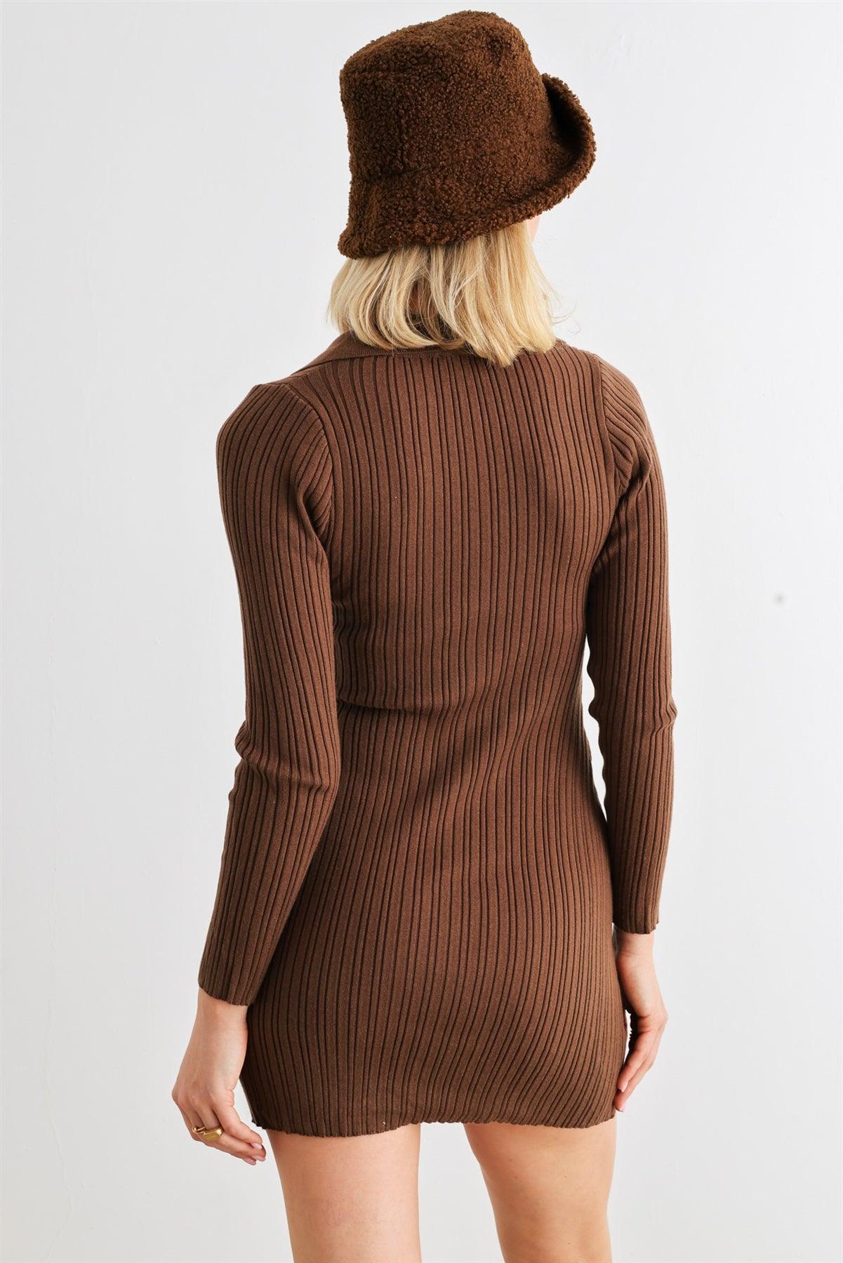 Brown Ribbed Collared Neck Long Sleeve Button-Up Mini Dress /1-2-2-1