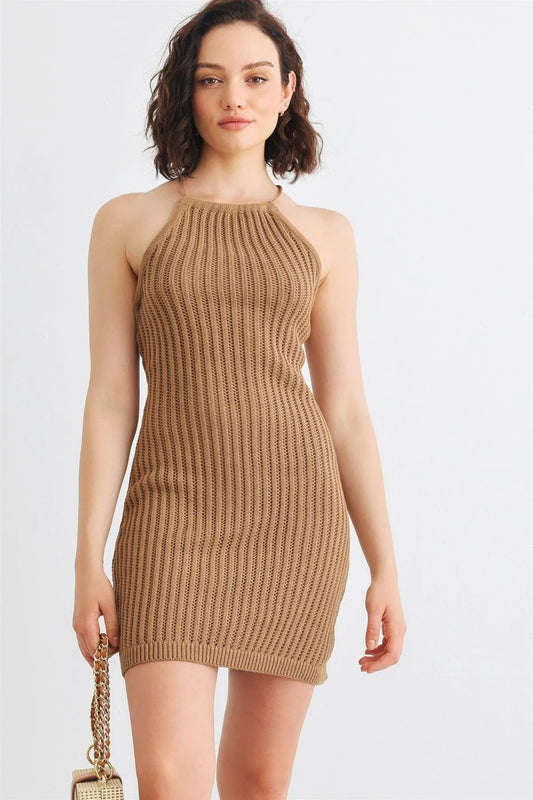 Tan Cotton Crochet Knit Halter Neck Mini Dress /1-3-2-1 - Tasha Apparel Wholesale