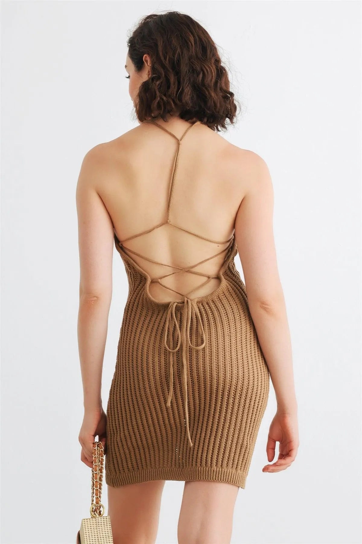Tan Cotton Crochet Knit Halter Neck Mini Dress /1-3-2-1 - Tasha Apparel Wholesale