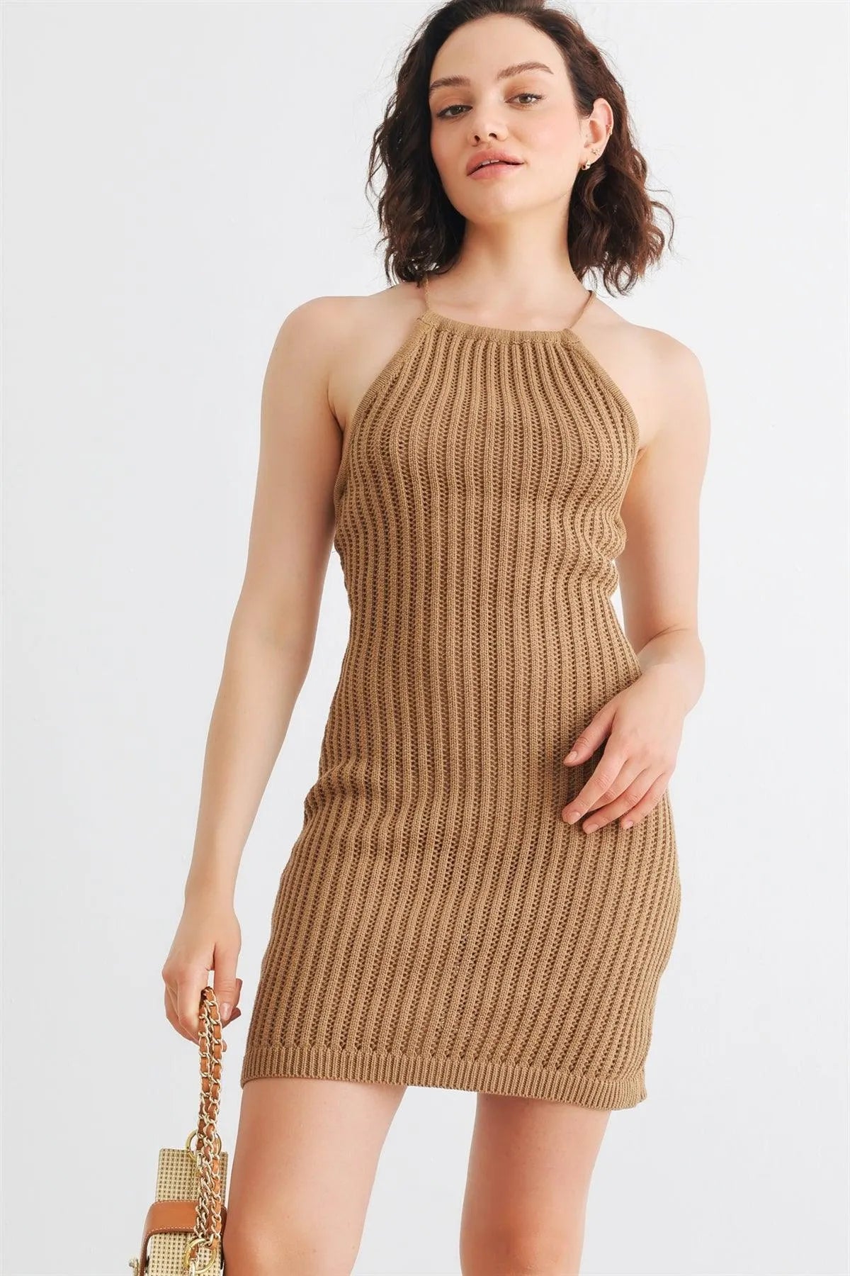 Tan Cotton Crochet Knit Halter Neck Mini Dress /1-3-2-1 - Tasha Apparel Wholesale