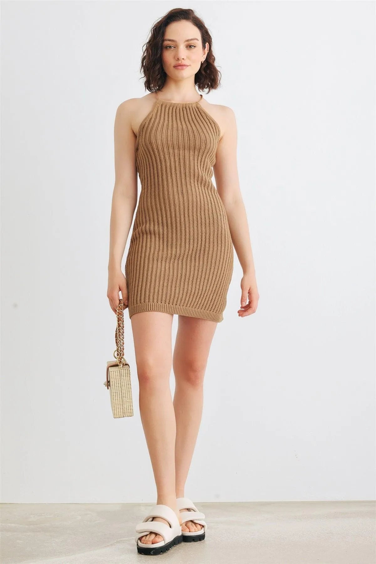 Tan Cotton Crochet Knit Halter Neck Mini Dress /1-3-2-1 - Tasha Apparel Wholesale