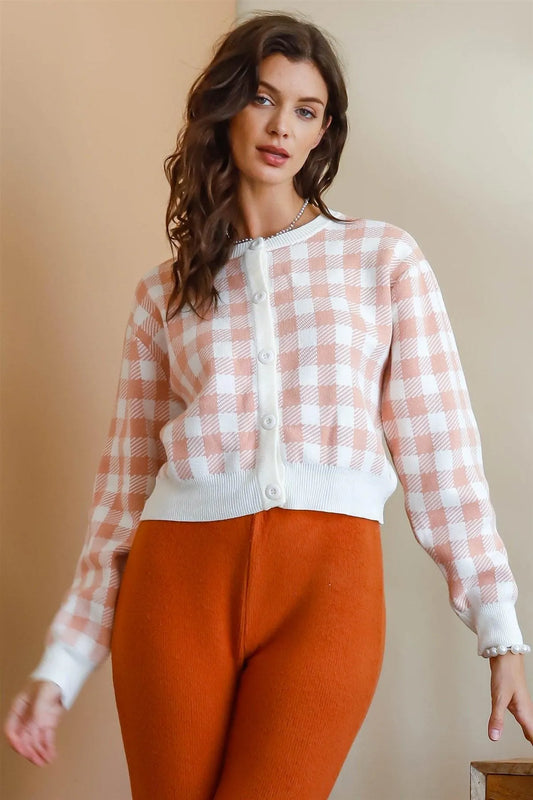 Cream & Pink Plaid Button Up Crop Cardigan /3-2-1 - Tasha Apparel Wholesale