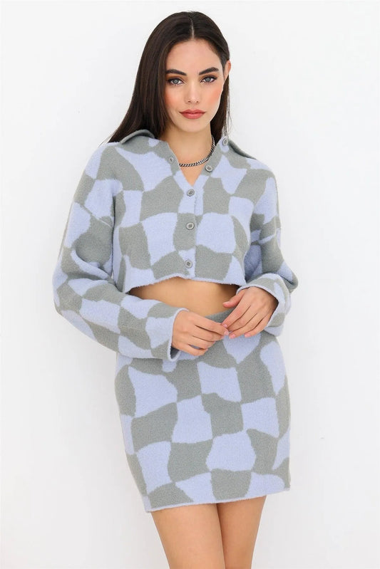 Dusty Blue & Grey Plaid Soft-To-Touch High Waist Mini Skirt & Collared Neck Button-Up Long Sleeve Jacket Set /1-2-2-1 - Tasha Apparel Wholesale