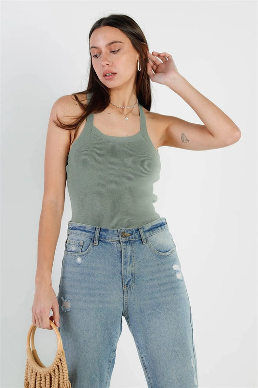 Dark Sage Ribbed Knit Crisscross Tied Backless Bodysuit /2-2-1 - Tasha Apparel Wholesale