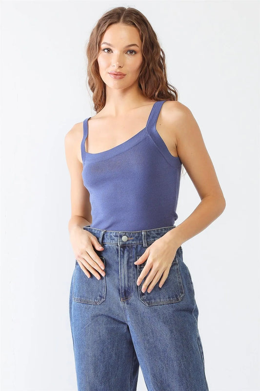 Blue Viscose Blend Sleeveless Square Neck Bodysuit /3-1-1 - Tasha Apparel Wholesale