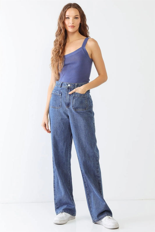 Blue Viscose Blend Sleeveless Asymmetrical Neck Bodysuit /3-2-1 - Tasha Apparel Wholesale