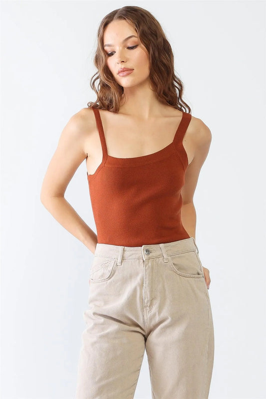 Rust Viscose Blend Sleeveless Asymmetrical Neck Bodysuit /3-2-1 - Tasha Apparel Wholesale