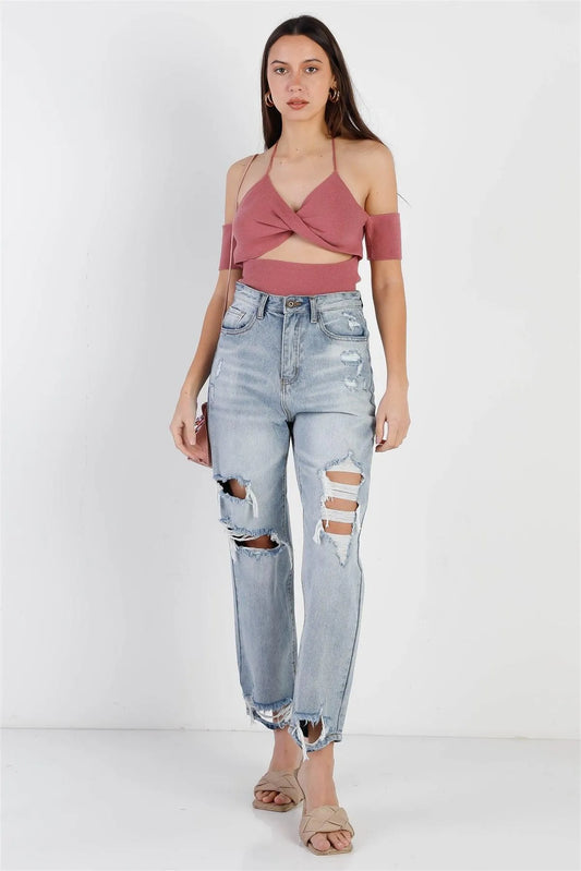 Mauve Ribbed Knit Off-The-Shoulder Front Twist & Cut-Out Detail Open Back Bodysuit /3-2-1 - Tasha Apparel Wholesale