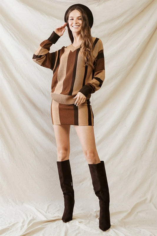 Brown Multi Colorblock Knit V-Neck Sweater & High Waist Mini Skirt Set /1-2-2-1 - Tasha Apparel Wholesale