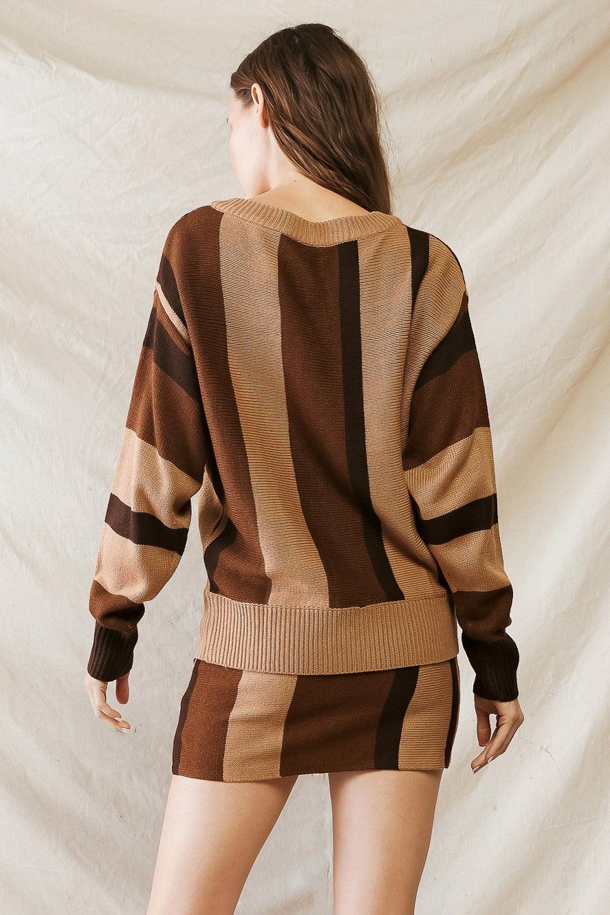 Brown Multi Colorblock Knit V-Neck Sweater & High Waist Mini Skirt Set /1-2-2-1