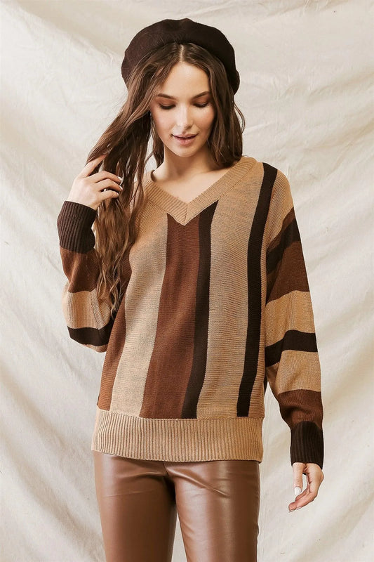 Brown Multi Colorblock Knit V-Neck Long Sleeve Sweater /1-2-2-1 - Tasha Apparel Wholesale