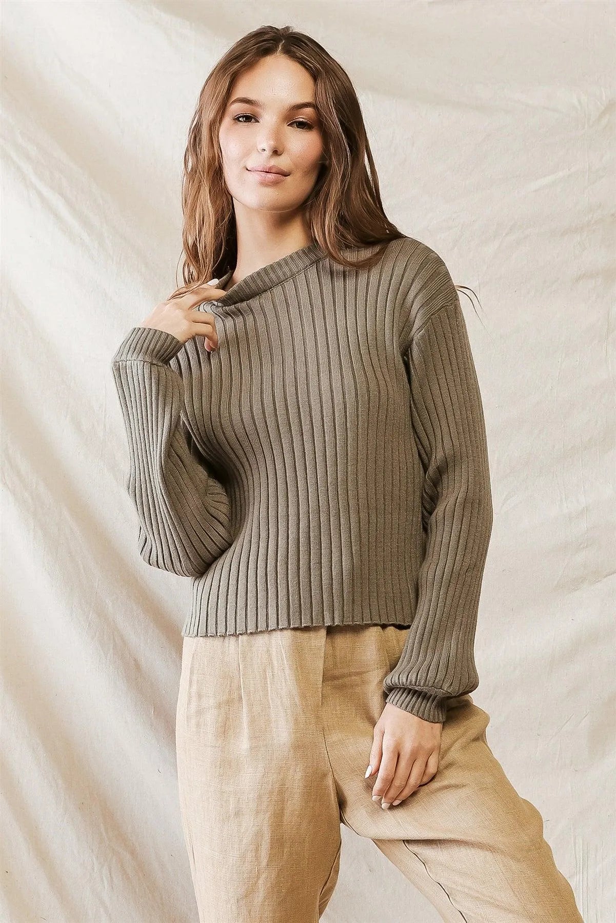 Olive Knit Ribbed Crew Neck Long Sleeve Sweater /1-2-2-1 - Tasha Apparel Wholesale
