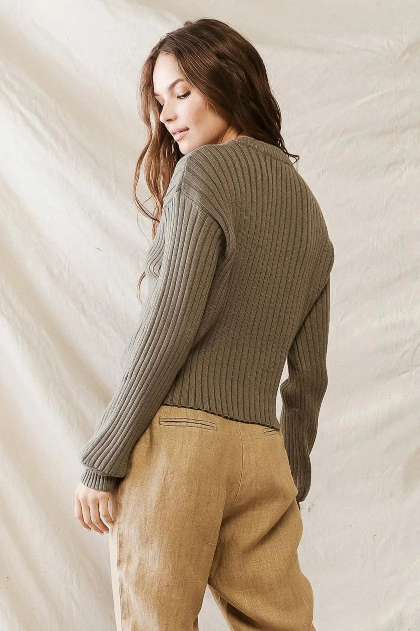 Olive Knit Ribbed Crew Neck Long Sleeve Sweater /1-2-2-1 - Tasha Apparel Wholesale