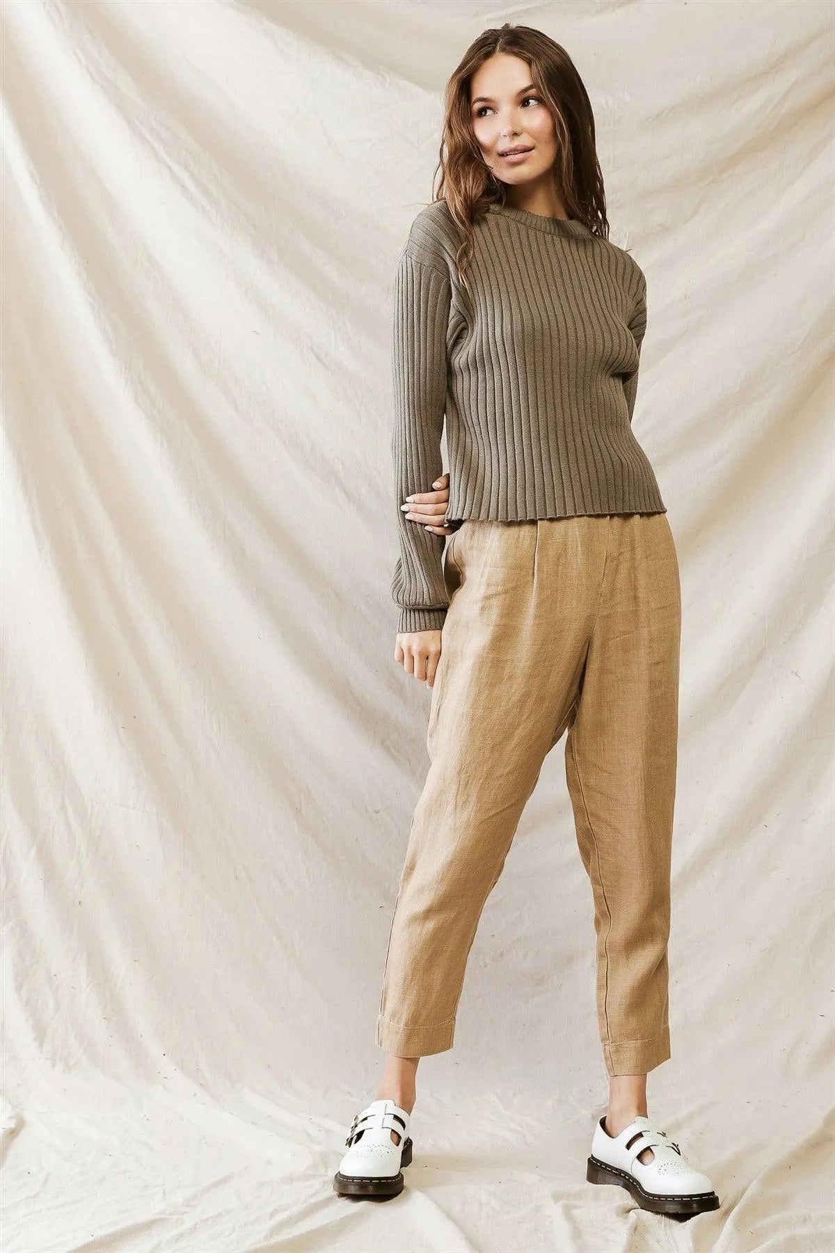 Olive Knit Ribbed Crew Neck Long Sleeve Sweater /1-2-2-1 - Tasha Apparel Wholesale