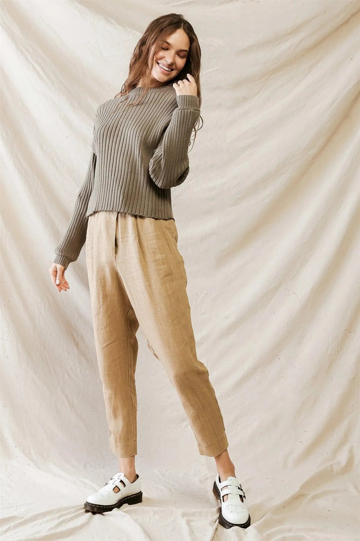 Olive Knit Ribbed Crew Neck Long Sleeve Sweater /1-2-2-1 - Tasha Apparel Wholesale