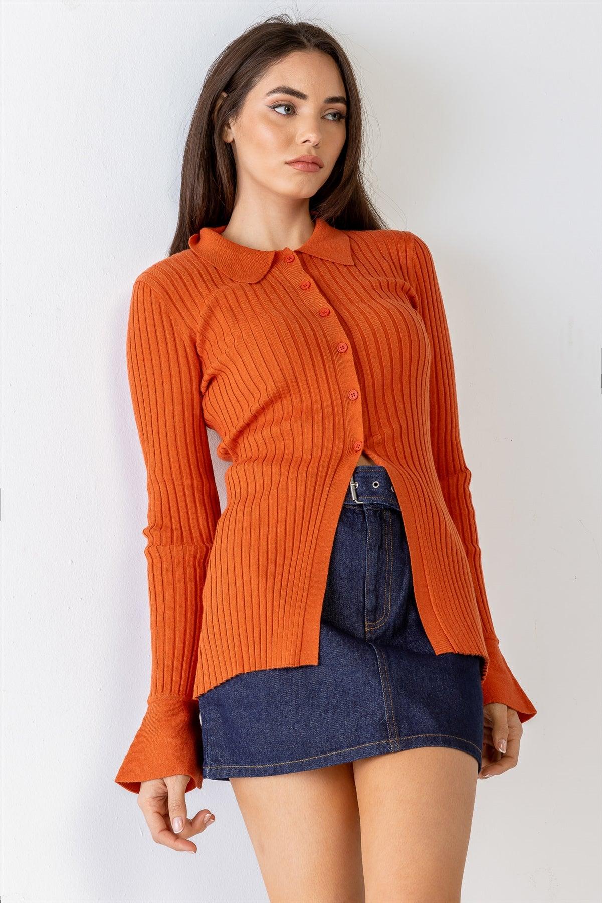 Burnt Orange Ribbed Button-Up Collared Neck Long Sleeve Top /1-2-2-1