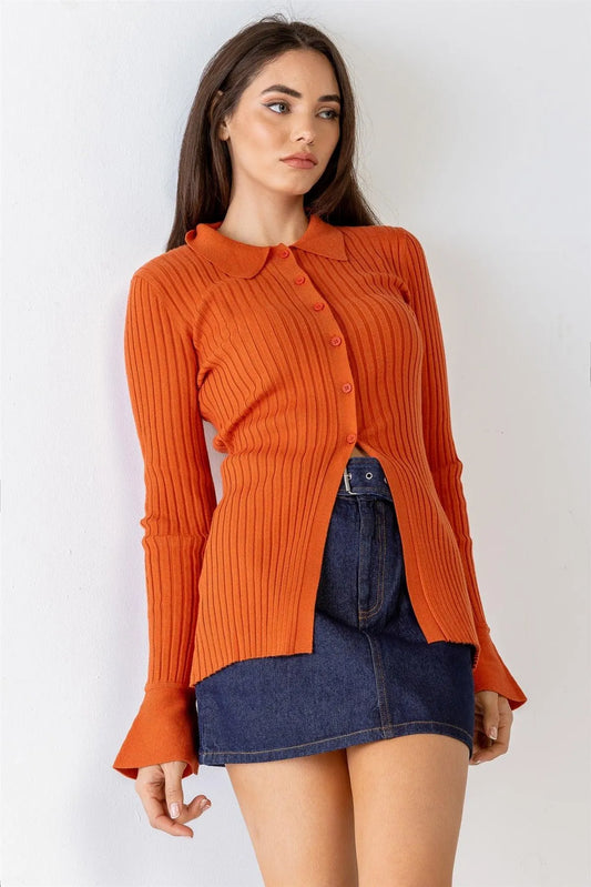 Burnt Orange Ribbed Button-Up Collared Neck Long Sleeve Top /1-2-2-1 - Tasha Apparel Wholesale