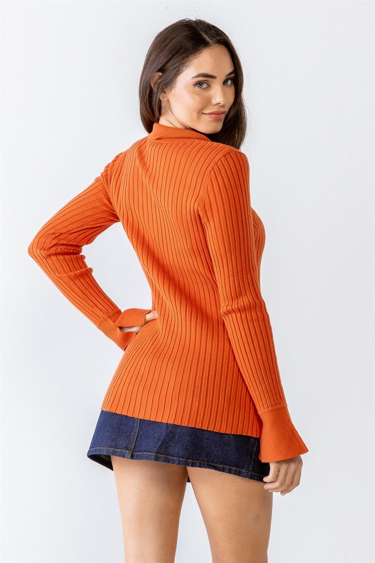 Burnt Orange Ribbed Button-Up Collared Neck Long Sleeve Top /1-2-2-1